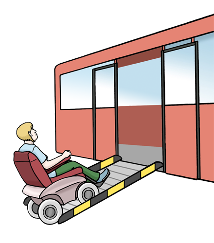 Illustration: Ein Mensch mit Elektro-Rollstuhl fährt über eine Rampe in einen Bus.