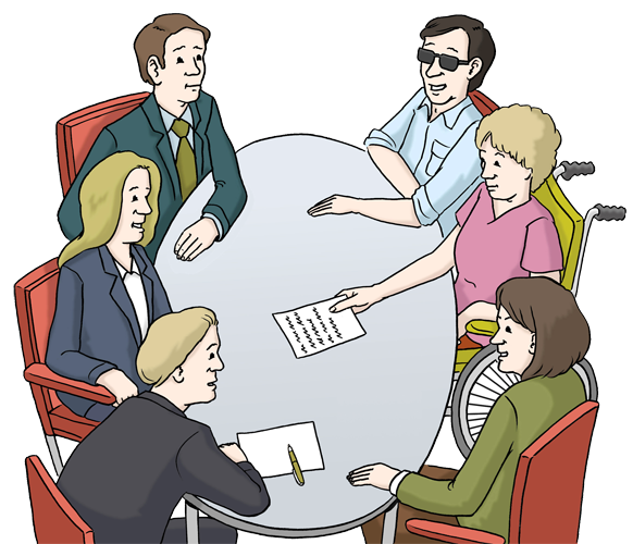 Illustration: Mehrere Menschen sind an einem runden Tisch im Gespräch. Eine Person trägt eine Brille, eine andere Person hat einen Rollstuhl.