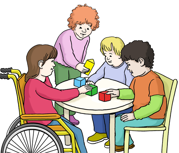 Illustration: Vier Kinder spielen an einem Tisch mit Klötzchen. Ein Kind sitzt im Rollstuhl.