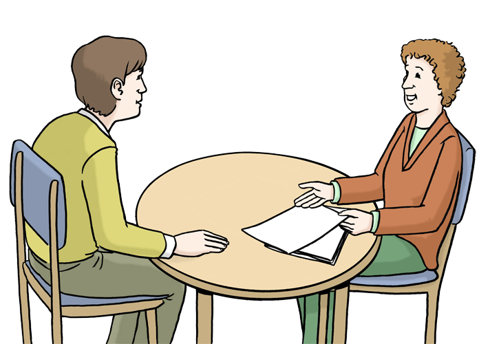 Illustration: Zwei Menschen sitzen an einem runden Tisch. Ein Mensch erklärt dem anderen etwas.