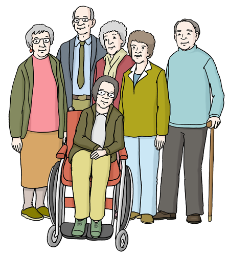 Illustration: Eine Gruppe von älteren Menschen. Manche haben einen Gehstock oder einen Rollstuhl.