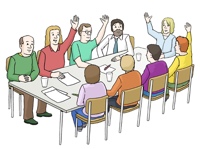Illustration: Eine Gruppe von Personen sitzt an einem Tisch. Einige heben die Hände.