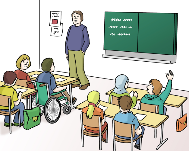 Illustration einer Unterrichtssituation. Ein Kind hat einen Rollstuhl, ein anderes Kind trägt ein Kopftuch.