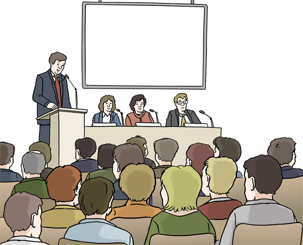 Illustration: Eine Person spricht am Rednerpult vor Publikum. Dahinter sitzen drei Personen an einem Tisch mit Mikrofon.