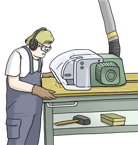 Illustration: Ein Mann arbeitet in einer Holzwerkstatt an einer Maschine.