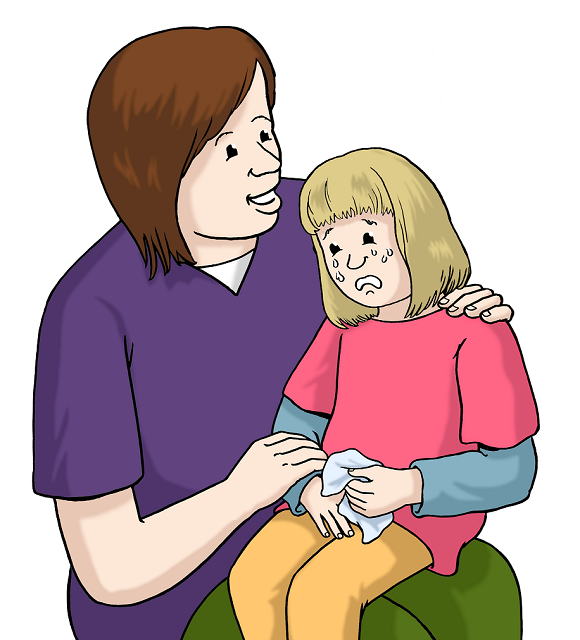 Illustration: Eine erwachsene Person tröstet ein weinendes Kind.
