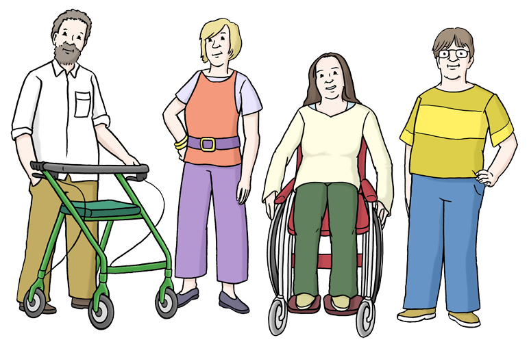 Illustatrion: Eine Gruppe von Menschen verschiedenen Alters, mit und ohne sichtbare Behinderung.