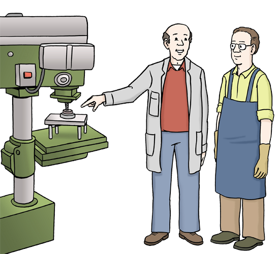 Illustration einer Arbeitssituation: Eine Person erklärt einer anderen eine Maschine.