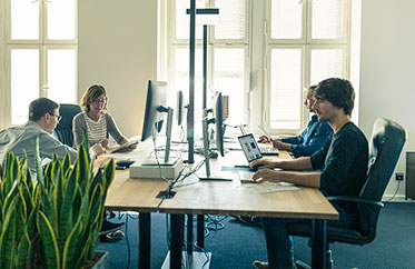 Vergrößerungsansichten für Bild: Vier Personen sitzen sich gegenüber an Arbeitsplätzen mit Tablets und Computern. Im Vordergrund steht eine Zimmerpflanze.
