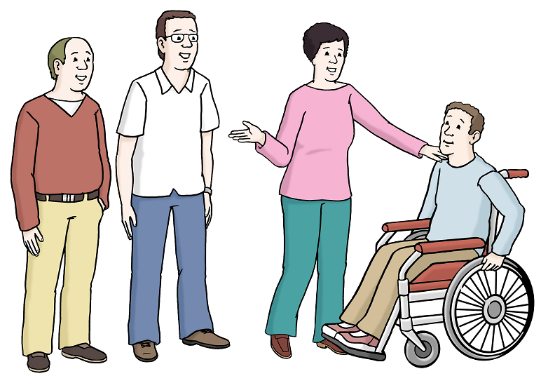 Illustration: Drei Personen sprechen mit einer Person, die im Rollstuhl sitzt. Sie lächeln.