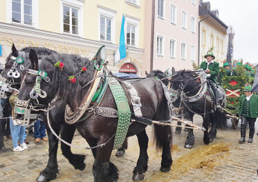 geschmückte Kutsche, von 4 geschmückten Pferden gezogen, fährt durch die Stadt.