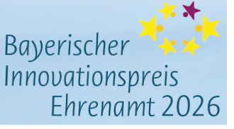 Die Abbildung zeigt das Logo des Bayerischen Innovationspreis Ehrenamt 2026 samt Schriftzug und Sternenkranz.