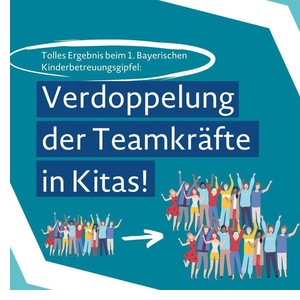 Schriftzug: Tolles Ergebnis beim 1. Bayerischen Kinderbetreuungsgipfel: Verdoppelung der Teamkräfte in Kitas!
