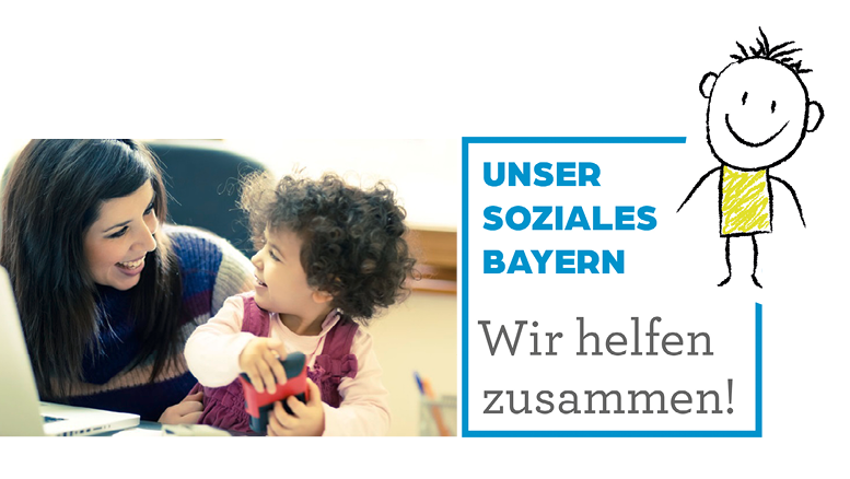 Foto: Mutter mit Kind, sie schauen sich an. Rechts Einbindung Logo 