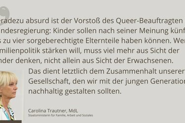 Eine Kachel, auf dem ein Bild von Bayerns Familienministerin Trautner und ein Zitat von ihr abgebildet ist. Der Text lautet "Geradezu absurd ist der Vorsto&szlig; des Queer-Beauftragten der Bundesregierung: Kinder sollen nach seiner Meinung k&uuml;nftig bis zu vier 