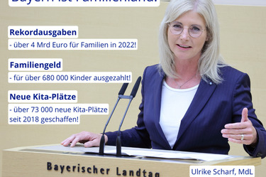 Auf dem Bild ist Sozialministerin Ulrike Scharf zu sehen. Sie spricht am Rednerpult des Bayerischen Landtags.